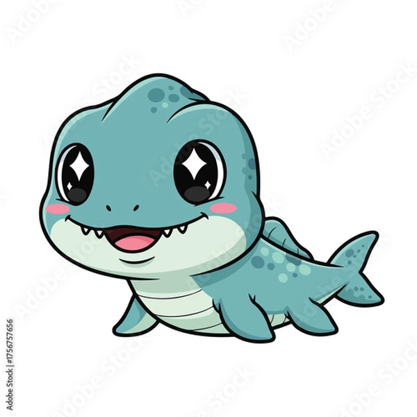 Fototapeta Cute baby mosasaurus smiles cheerfully, swimming underwater with tiny fins and big eyes, conveying a playful and adorable mood.
