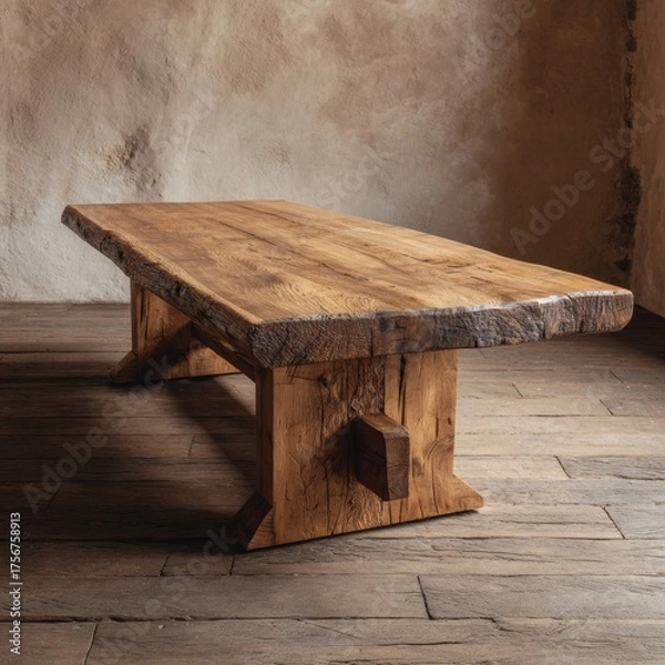 Fototapeta Rustic Wooden Table with Natural Edges in Cozy Interior Setting
