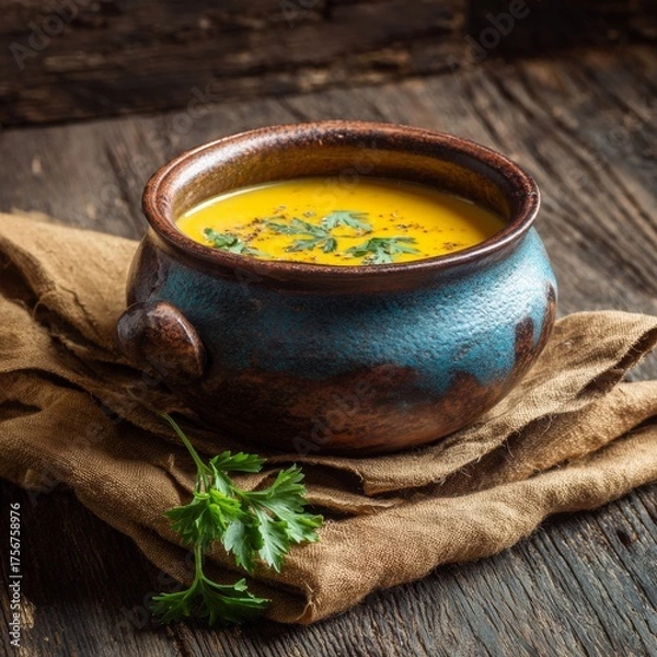 Fototapeta Creamy Pumpkin Soup in Rustic Bowl with Fresh Herbs and Texture