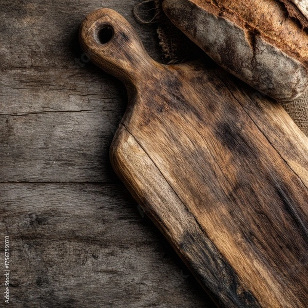 Fototapeta Rustic Wooden Cutting Board with Freshly Baked Bread on Table
