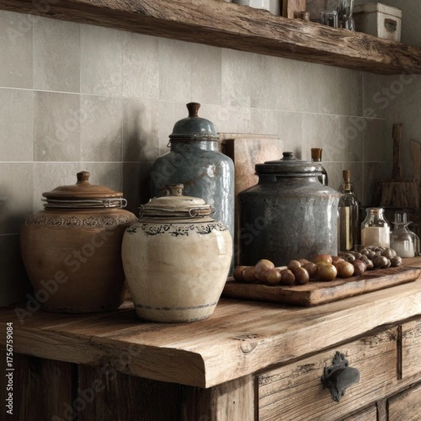 Fototapeta Rustic Kitchen Decor with Decorative Jars and Fresh Produce Display