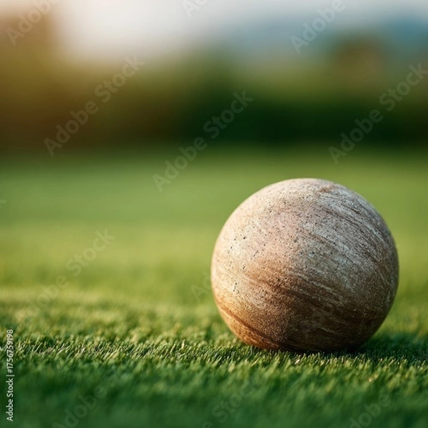 Fototapeta Smooth Round Stone on Vibrant Green Grass with Soft Blurry Background