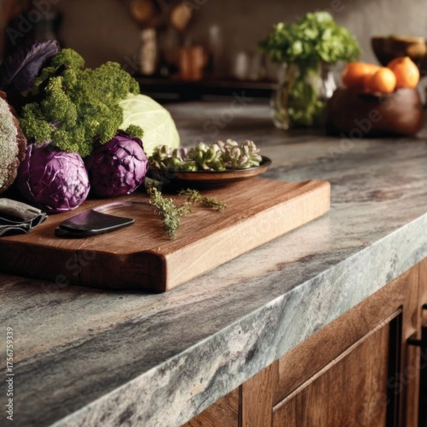 Fototapeta Fresh Vegetables Arranged on a Wooden Cutting Board in Kitchen