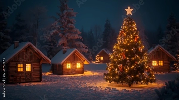 Fototapeta Christmas Eve atmosphere in the village    several small wooden houses with bright yellow lights and  fir trees  with twinkling lights ,  landscape image size