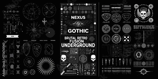 Fototapeta Abstract dark gothic retro fusion underground design elements and symbols with skulls and geometric patterns