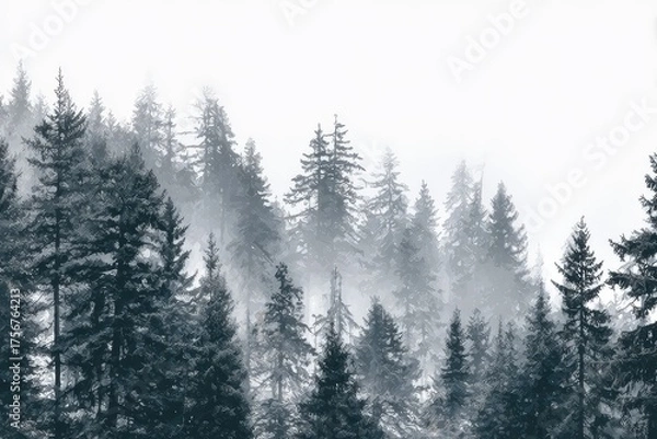 Fototapeta Impressive panorama of a dense grey fir tree forest enveloped in mist, showcasing the serene beauty of nature in a tranquil winter landscape