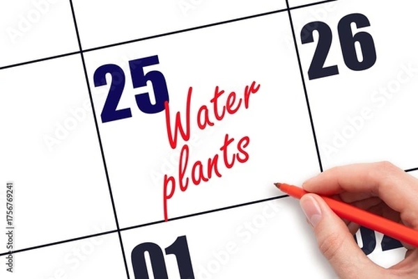 Obraz 25 th day of the month.  Hand writing Water plants reminder  on calendar with red pen on white background. concept of plant care. Planning and scheduling