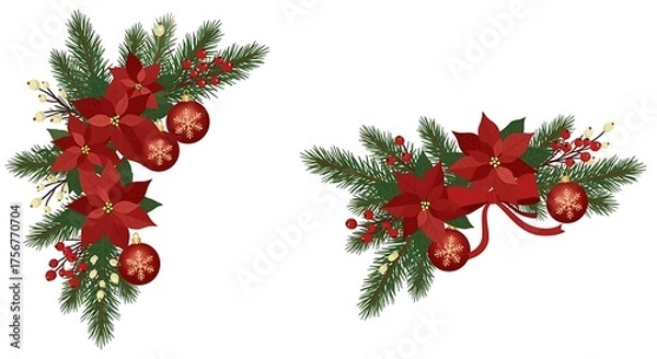 Obraz Festive Christmas Poinsettia and Pine Decorations Isolated on White Background
