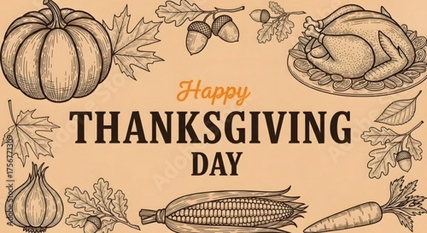 Obraz Happy thanksgiving day illustration with pumpkin, roasted turkey, corn, carrot, onion, acorns and autumn leaves