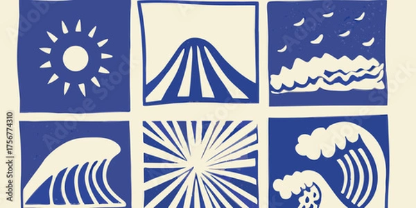 Obraz Six blue and cream graphic icons featuring sun mountain moon waves and sunburst patterns