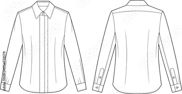 Obraz Technical flat sketch, long sleeve button-up shirt front and back view, fashion design, garment construction, apparel template, vector illustration