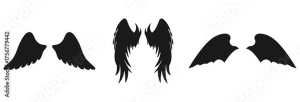 Fototapeta Three pairs of silhouette wings including angel wings and bat wings isolated on transparent background isolated on white background