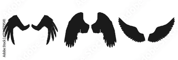 Fototapeta Three pairs of silhouette wings including angel wings isolated on transparent background isolated on white background