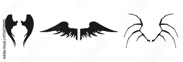 Fototapeta Three pairs of wings silhouettes including angel wings and demon wings isolated on white background isolated on transparent background