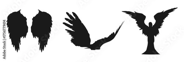 Fototapeta Collection of angel wings and bird wings silhouettes isolated on transparent background isolated on white background