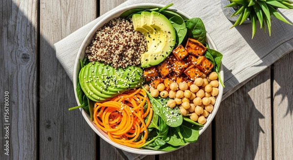Fototapeta Healthy Vegan Buddha Bowl with Quinoa, Avocado, and Sweet Potato on a Wooden Table
