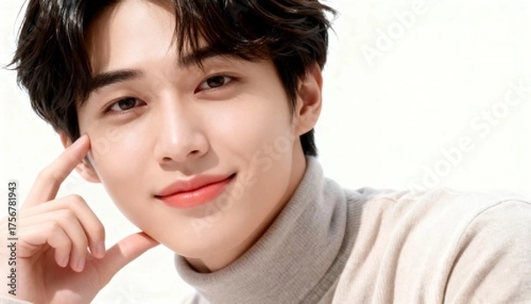 Fototapeta 優しく微笑むタートルネックの若い男性