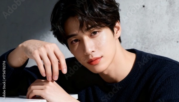 Fototapeta テーブルでポーズをとるクールな若い男性