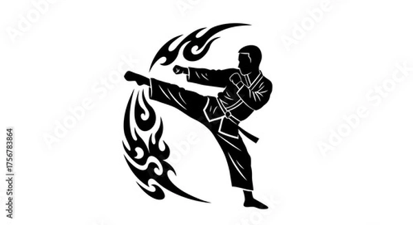 Fototapeta Dynamic martial arts silhouette dynamic karate fighter performing a powerful side kick with fiery abstract embellishments isolated on white background