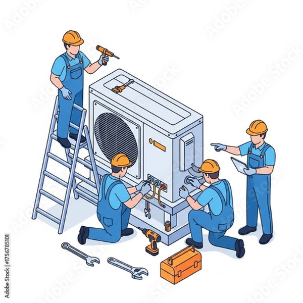 Fototapeta "Modern AC Installation Team - "Isometric vector illustration of an AC installation scene showing three technicians working on an air conditioner