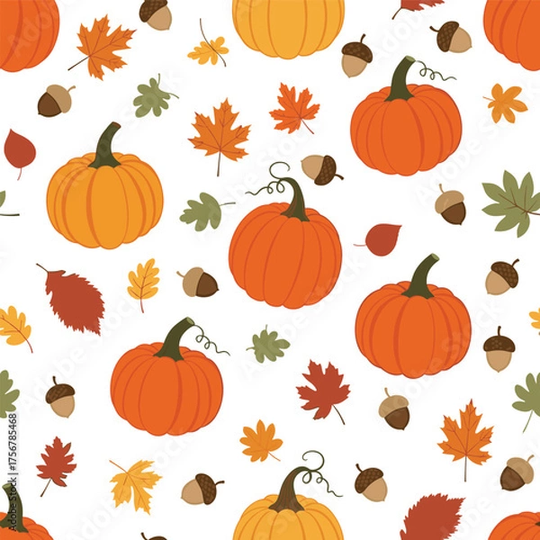 Fototapeta A charming seamless pattern featuring pumpkins acorns and colorful autumn leaves.