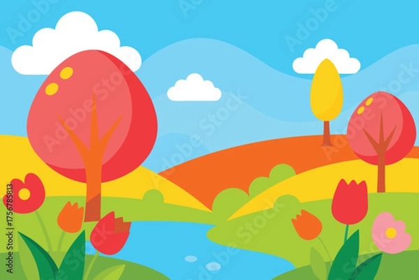 Obraz Vibrant cartoon landscape with rolling hills trees flowers and a stream