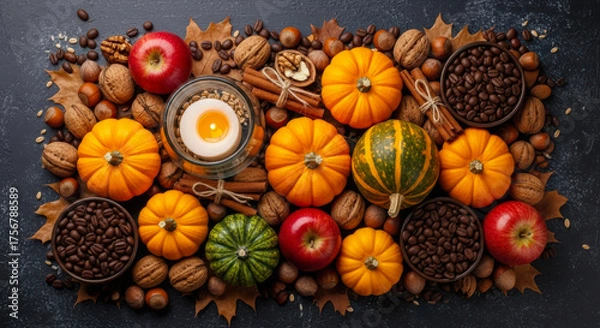Fototapeta Abundant harvest arrangement of mini pumpkins, gourds, nuts, coffee beans, and apples