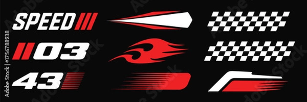 Fototapeta Racing Cars and Stripes Vector Pack,  Checkered flags, motocross labels, speed lines, motorsport graphics, race decals, and tuning stickers for automotive design, racing projects, car wraps, and motor