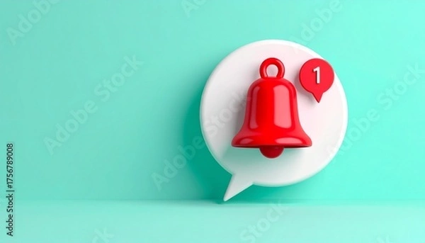 Fototapeta Red notification bell icon with one alert on white speech bubble, modern design concept