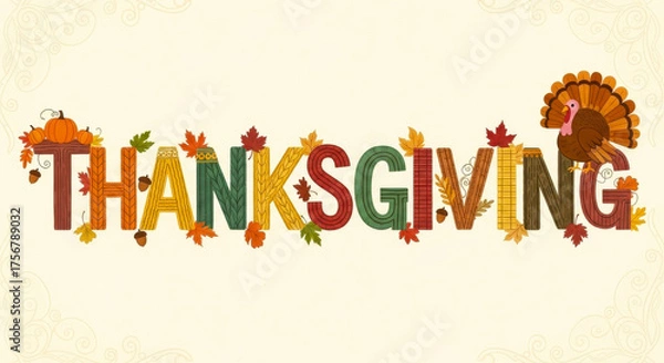 Fototapeta Colorful thanksgiving text art with autumn leaves and a turkey illustration on a light background