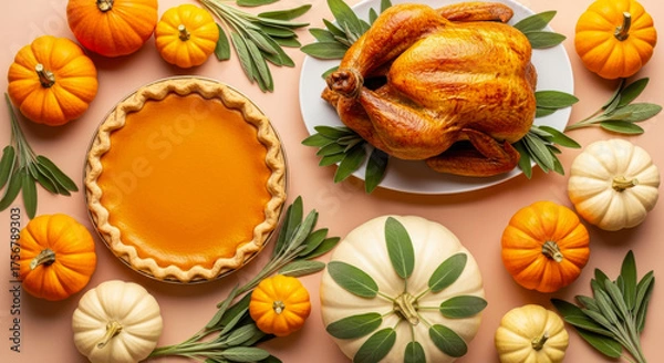 Fototapeta A topdown view of a thanksgiving spread with a roasted turkey, pumpkin pie, and various small pumpkins and gourds