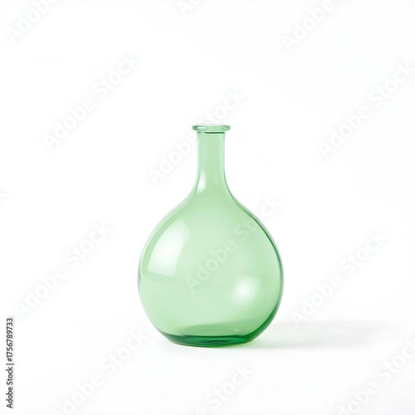 Fototapeta A sleek green glass flask with a rounded body and narrow neck is positioned on a clean and minimalist white background