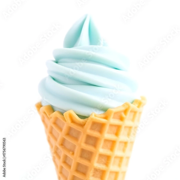 Fototapeta A delicate, swirled blue pistachio ice cream fills a crisp, golden-brown waffle cone, set against a pristine white background