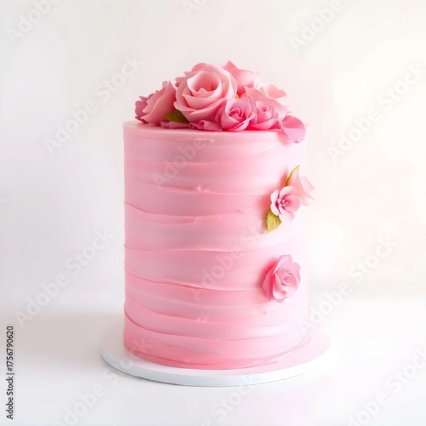 Obraz A delicate, multi-tiered pink cake with smooth, velvety frosting and intricate sugar flower decorations