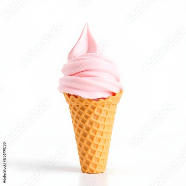 Obraz A delicate pink pistachio ice cream swirled into a crisp waffle cone stands upright on a pristine white background.