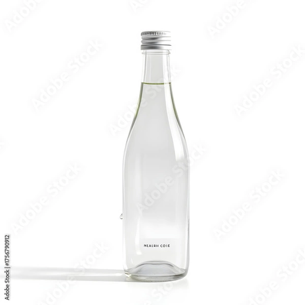 Fototapeta A clear glass bottle with a sleek, curved shape and a silver cap, standing upright on a pristine white background
