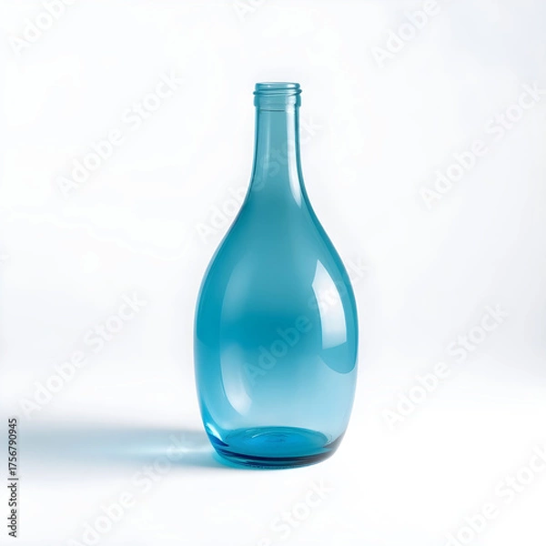 Fototapeta A clear blue glass bottle with a rounded body and narrow neck sits upright on a pristine white background