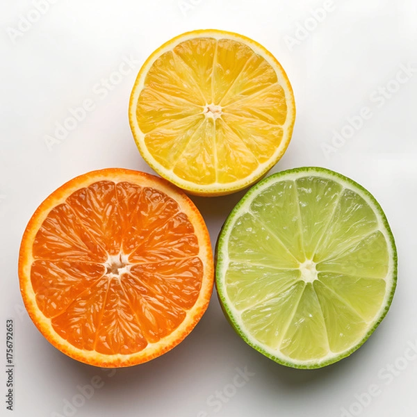 Obraz Colorful Citrus Trio – Orange, Lemon, and Lime Slices on White Background
