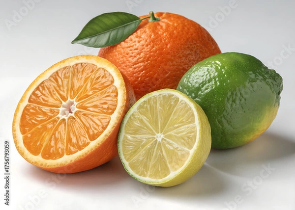Obraz Fresh Citrus Fruits – Orange, Lime, and Lemon with Leaf
