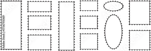 Obraz Postage stamp collection, mockup postage stamps. blank postage stamps. border. and. frame. rectangle and square set. rectangle shape frame with zigzag edge