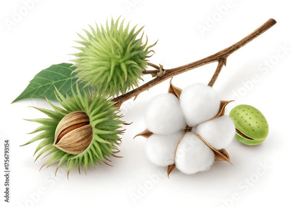 Obraz Cotton Plant with Seed Pods and Leaves – Realistic Botanical Illustration
