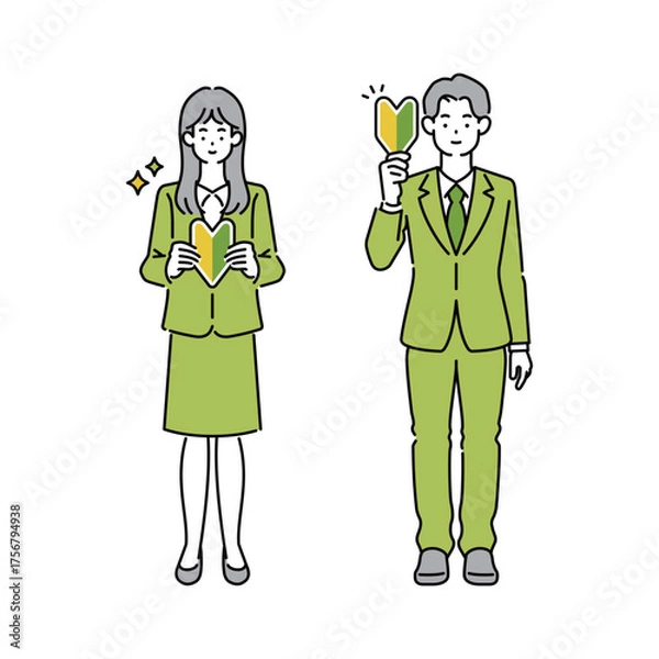 Fototapeta 若葉マークを持つ社会人男女のビジネスイラスト