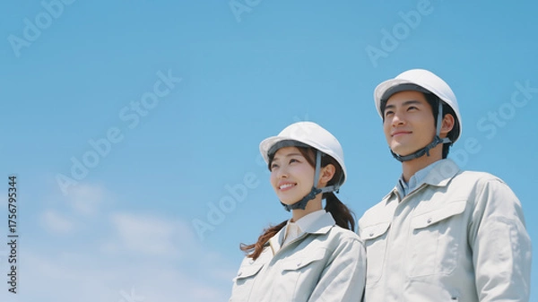 Fototapeta 青空の下で笑顔を見せる若手男女の作業員