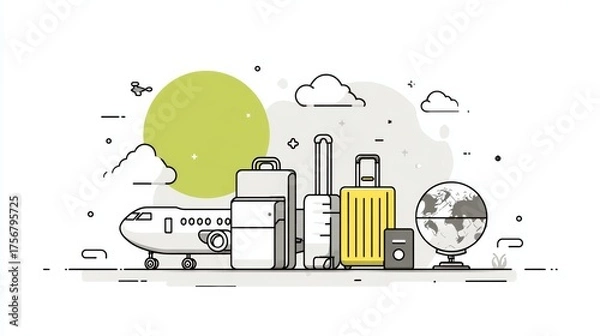 Fototapeta Linear Style Travel Illustration: Airplane, Luggage, Globe, Drone, Minimalist Design, Journey Concept