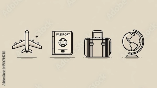 Obraz Minimalist Travel Icons: Airplane, Passport, Suitcase, Globe;  Flat Design, Beige Palette, Journey Concept.