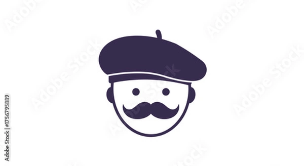 Fototapeta Whimsical french artist icon with beret and mustache iconic character symbolizing creativity and european culture distinctive design isolated on white background