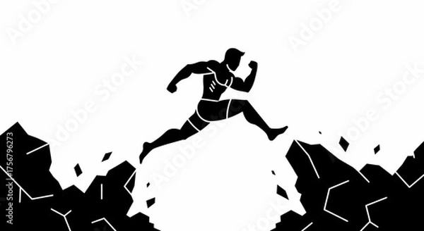 Fototapeta Dynamic silhouette athlete leaps over chasm symbolizing overcoming challenges determination and achievement isolated on white background