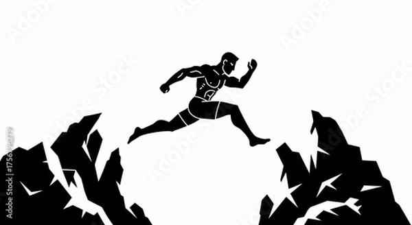 Fototapeta Athletic silhouette man leaping over rocky chasm symbolizing challenge achievement and extreme sport concept in dynamic motion isolated on white background