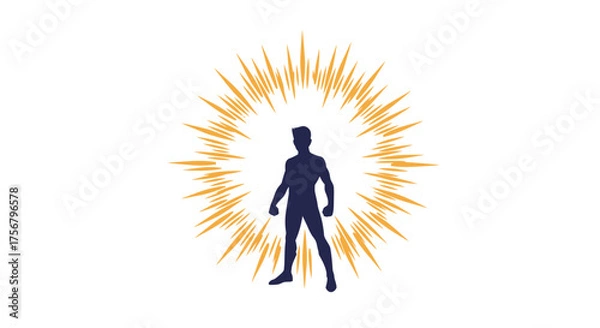Fototapeta Silhouette of a person emitting a powerful golden energy burst radiating outwards in a dynamic explosive light effect against a clean white backdrop isolated on white background