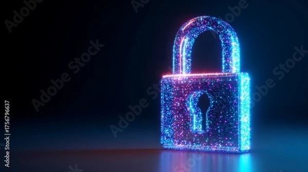 Obraz Cybersecurity: Glowing Particle Padlock, Digital Security Concept, Abstract Neon Blue